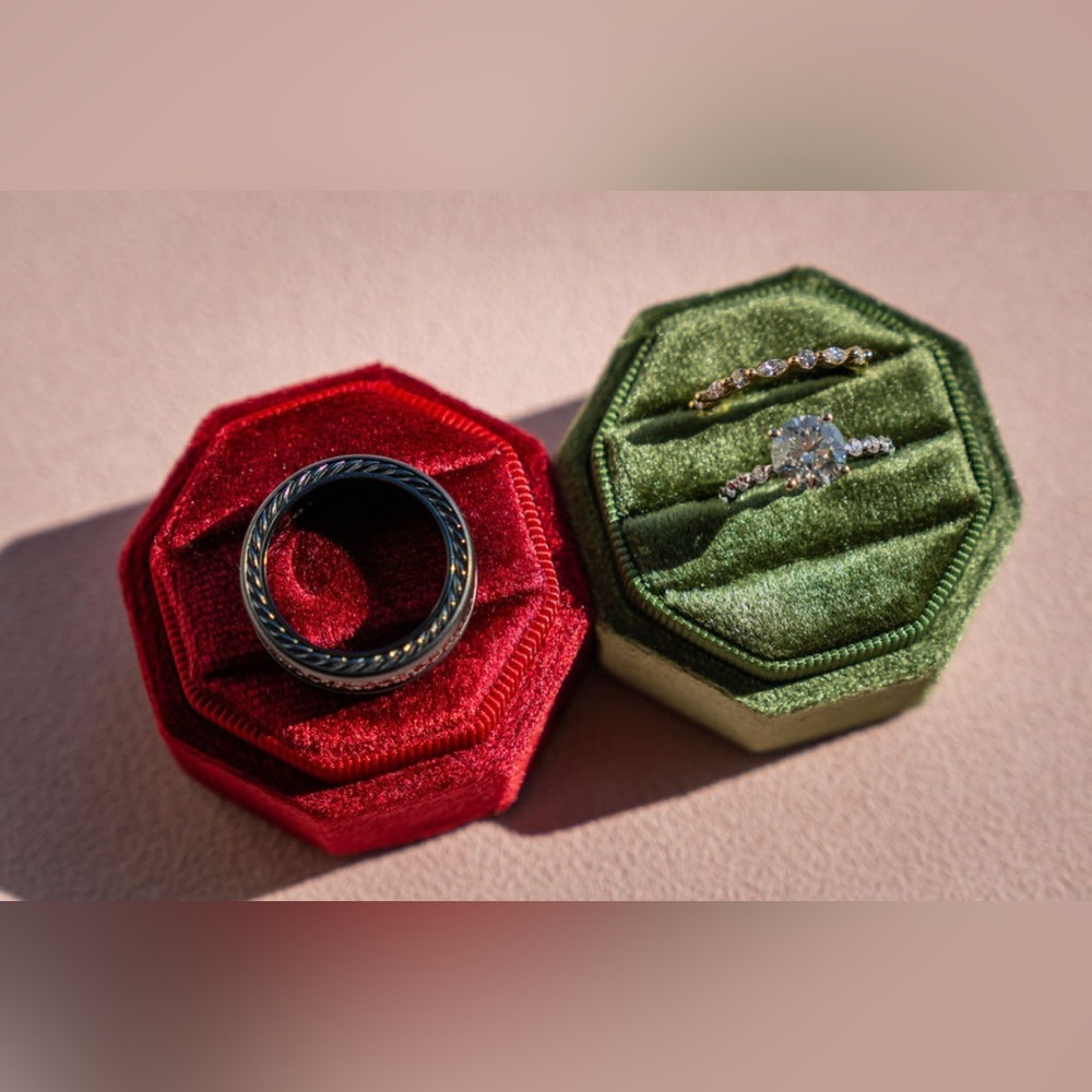 Burgundy only - Hexagon shape velvet double ring box